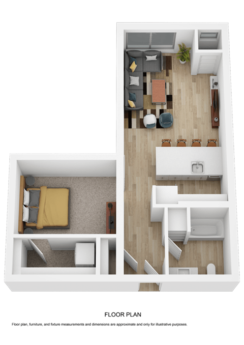 Floor plan for 1 bed, 1 bath, 686 sqft